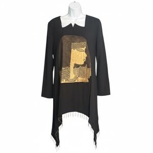 ASHRO Cleopatra Tunic Top - Black & Gold Beaded Asymmetrical Hem Size 12